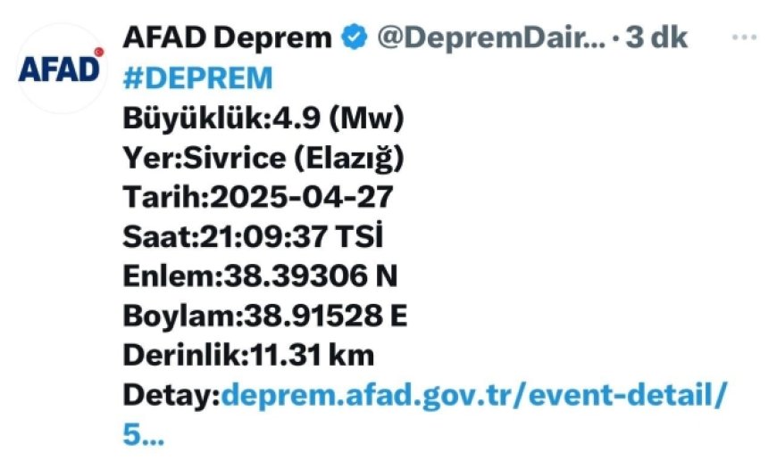 Elazığ'da 4,9 büyüklüğünde deprem
