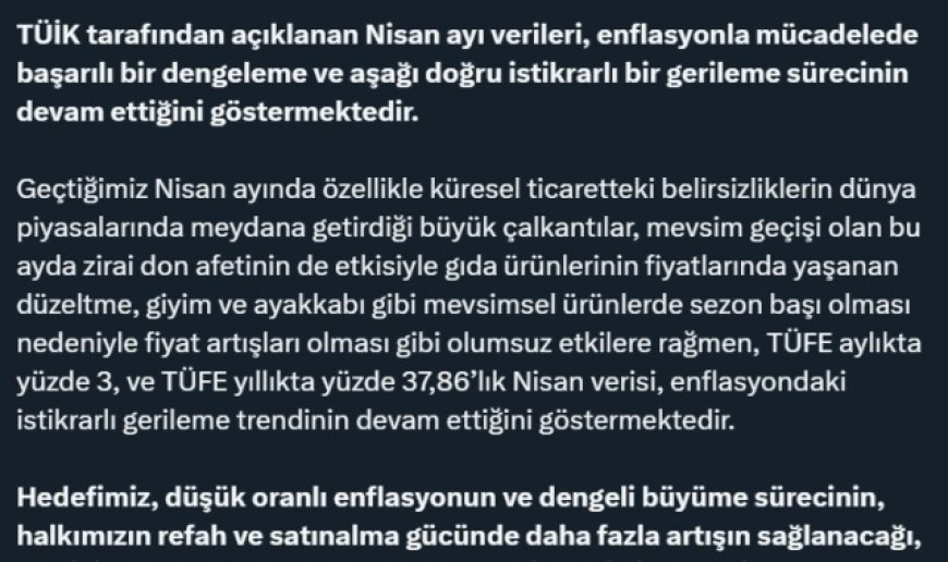Ticaret Bakanı Bolat: "Nisan verileri, enflasyondaki gerileme trendinin devam ettiğini göstermektedir"