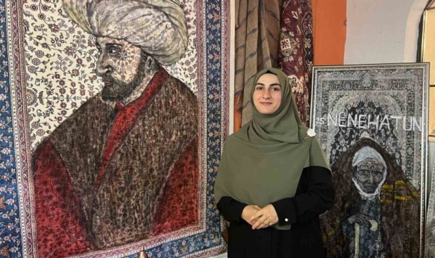Halıların üzerine tarihi şahsiyetleri çiziyor