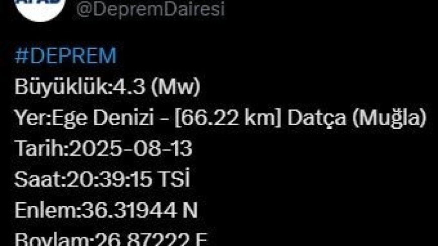 Muğla’da 4.3 büyüklüğünde deprem